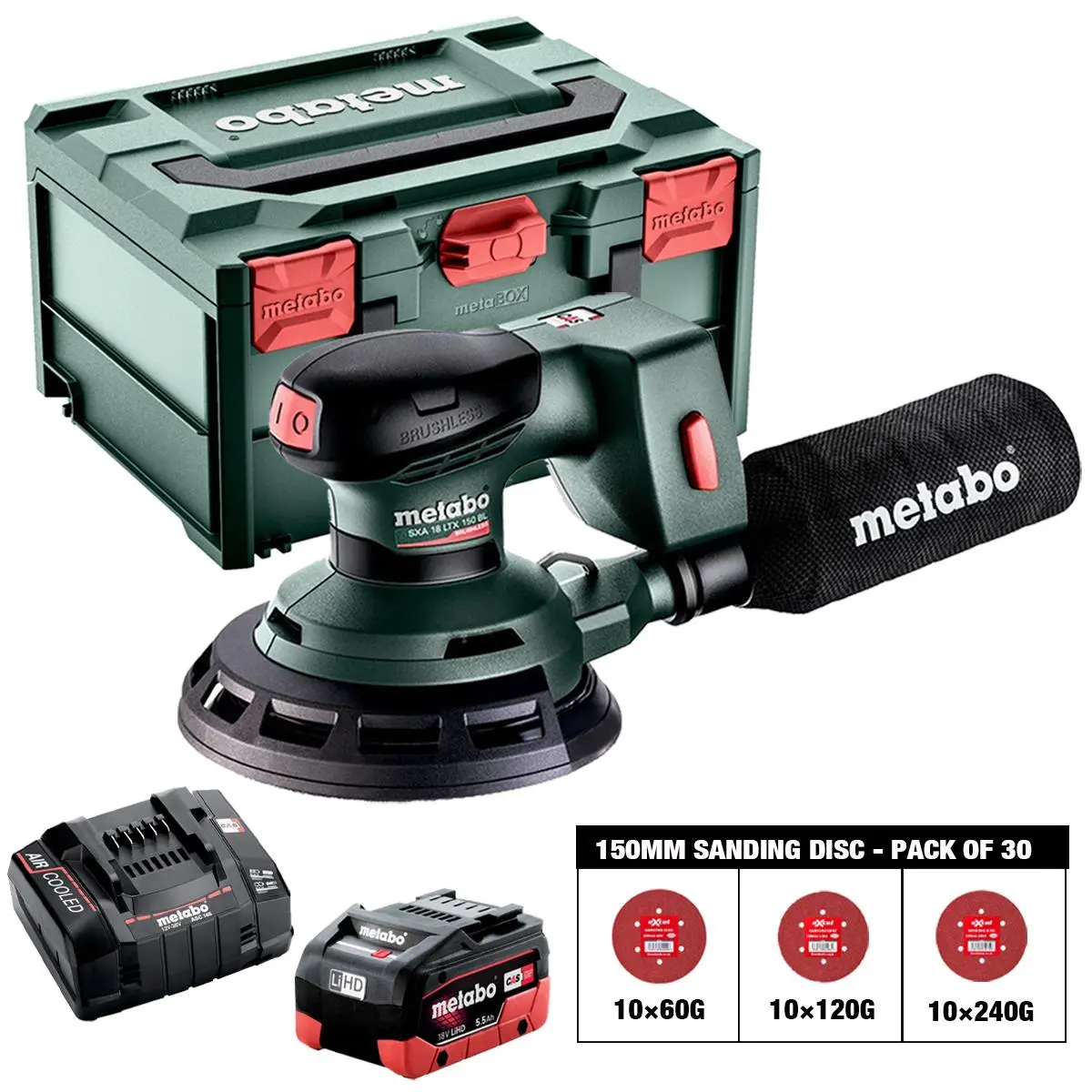Metabo Sxa 18 Ltx 150 Bl 18V Brushless 150Mm Random Orbital Sander With Sanding Disc 60G, 120G, 240G Pack Of 30 & 1 X 5.5Ah Battery, Charger & Case 1