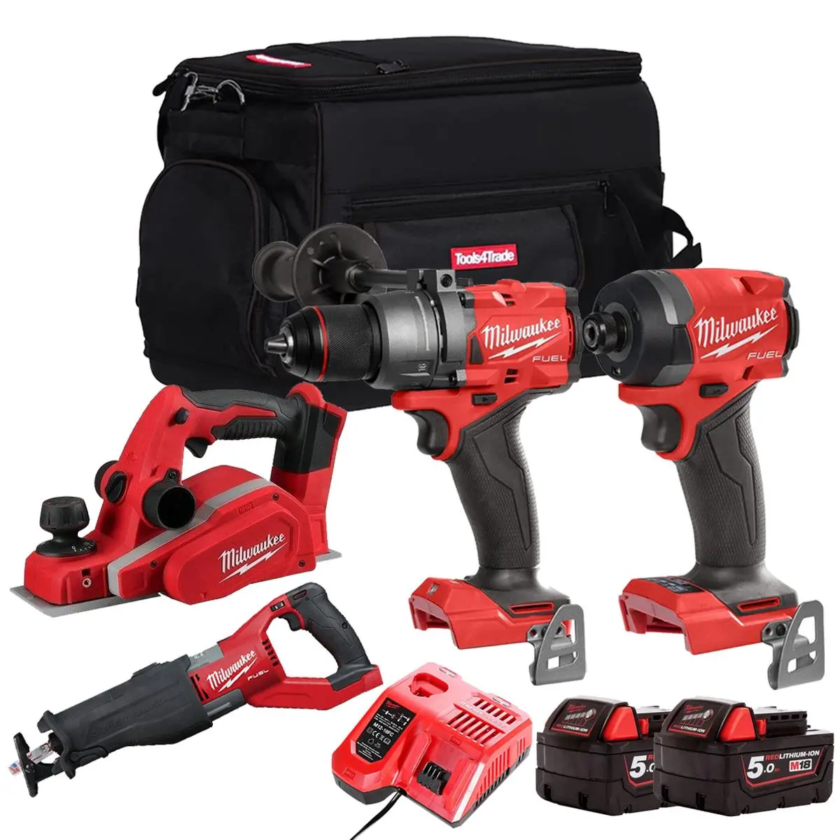 Milwaukee M18fpp16z-502B 18V 4 Piece Power Tool Kit With 2 X 5.0Ah Batteries Charger & Bag 1