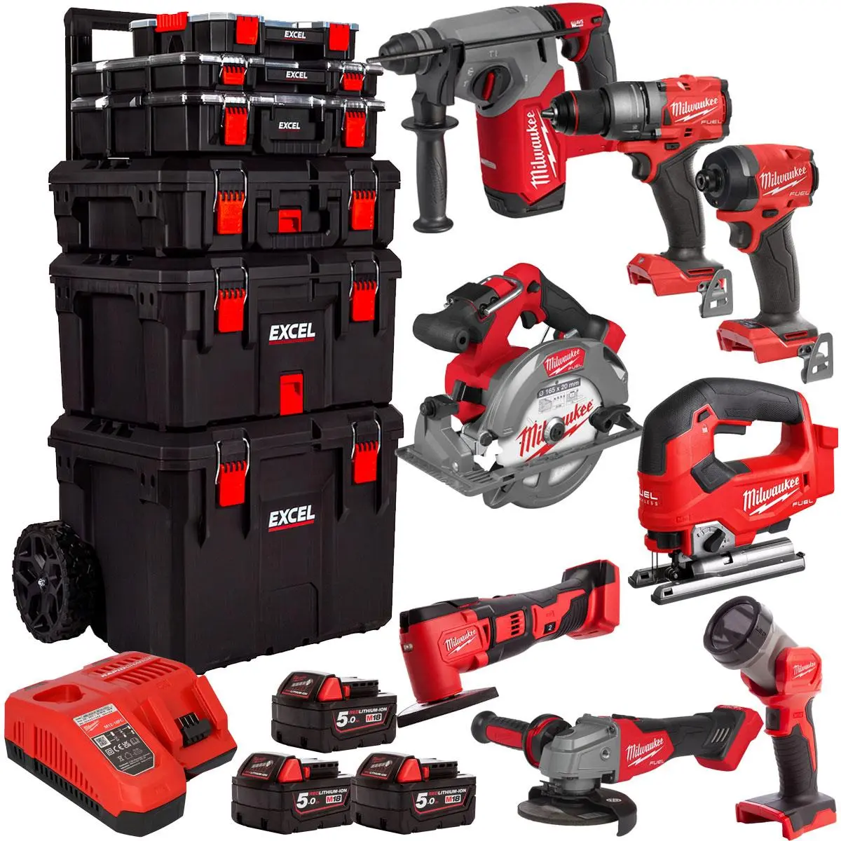 Milwaukee 18V 8 Piece Tool Kit With 3 X 5.0Ah Batteries & Trolley Toolbox 1