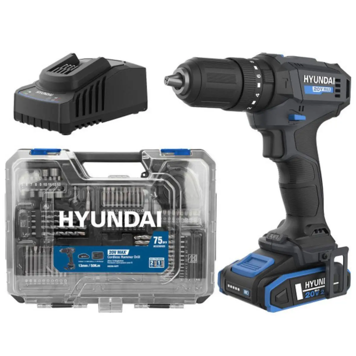Hyundai Hd20s-50Tt 20V Cordless Hammer Drill  1 X 2Ah Battery And Charger With 75 Piece Accessory Kit In Carry Case 1