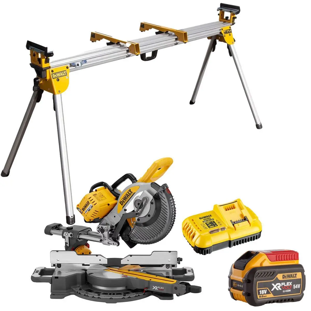 Dewalt Dcs727n 54V Xr Flexvolt Brushless Slide Mitre Saw With 1 X 9.0Ah Battery Charger & Universal Leg Stand 1