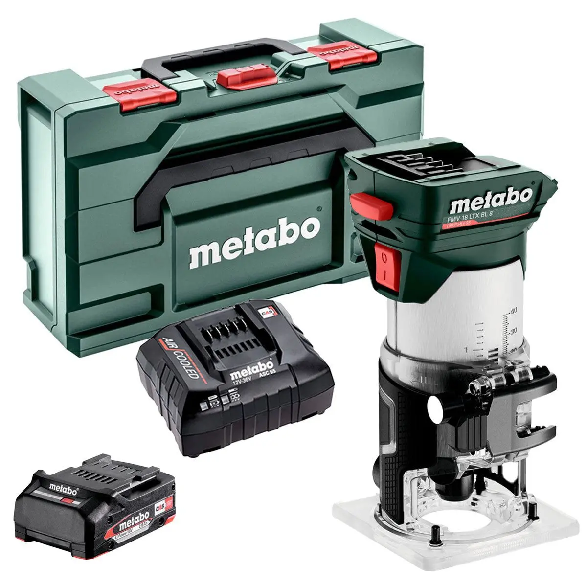 Metabo Fmv 18 Ltx Bl 8 18V Brushless 1/4" Trim Router With 1 X 2.0Ah Battery Charger & Metabox 1