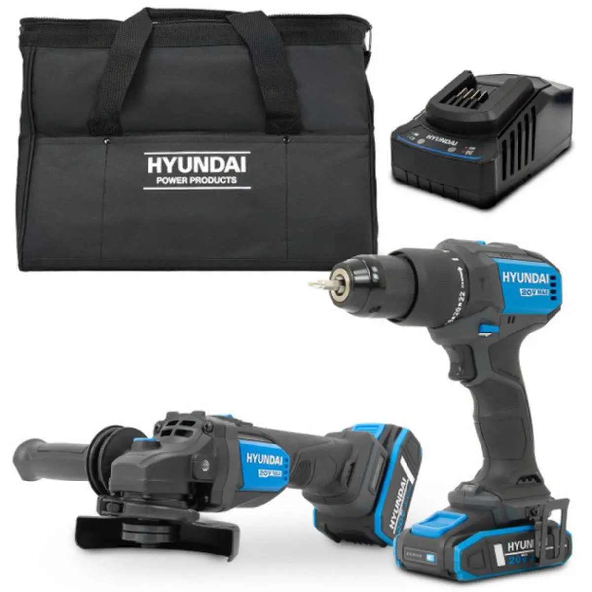 Hyundai S02-Ftb 20V Hammer Drill And Angle Grinder 115Mm Brushless Kit 2.0Ah/4.0Ah Li-Ion Battery & 2A Charger 1