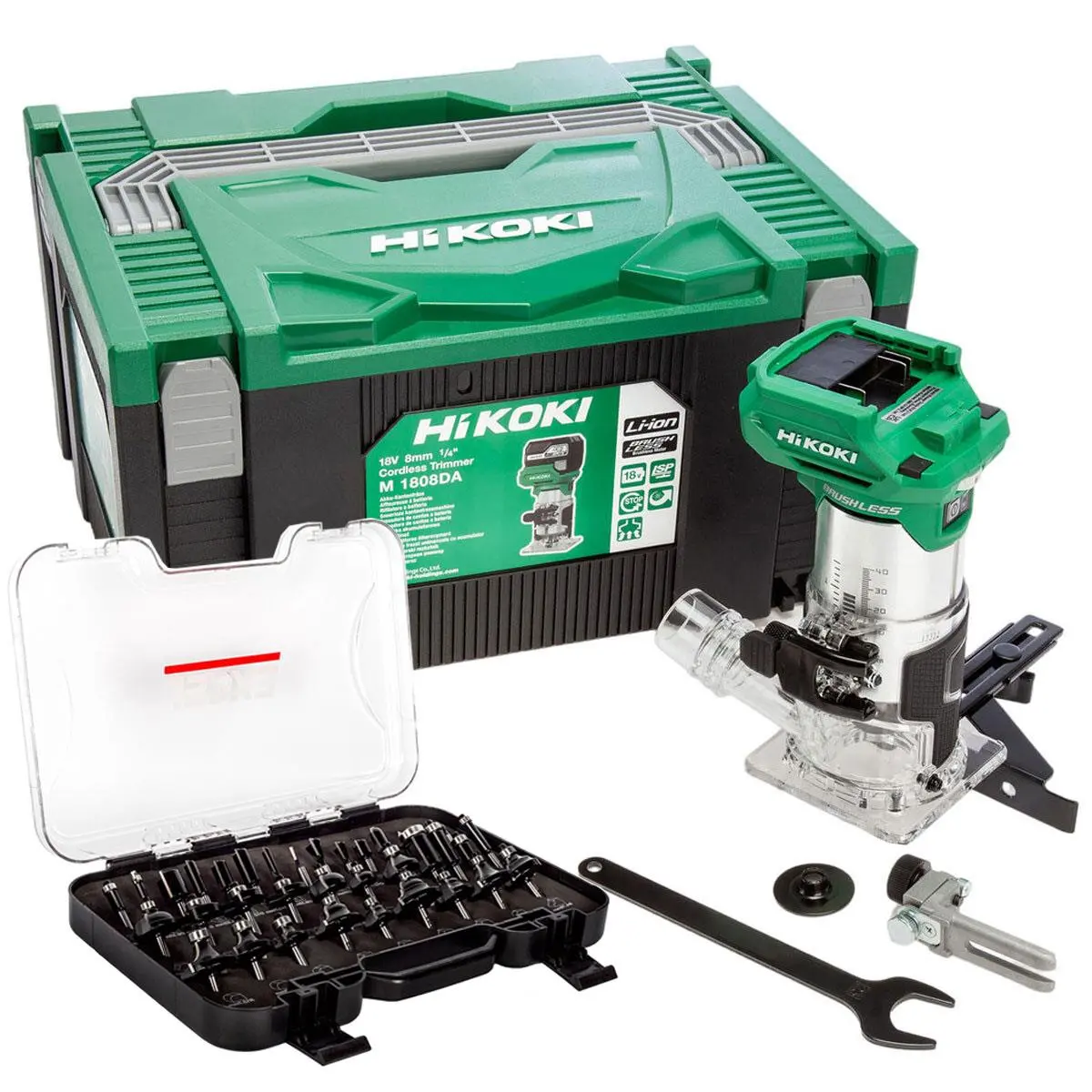 Hikoki M1808daj2z 18V 1/4" Brushless Router Trimmer With 35 Piece Cutter Set 1