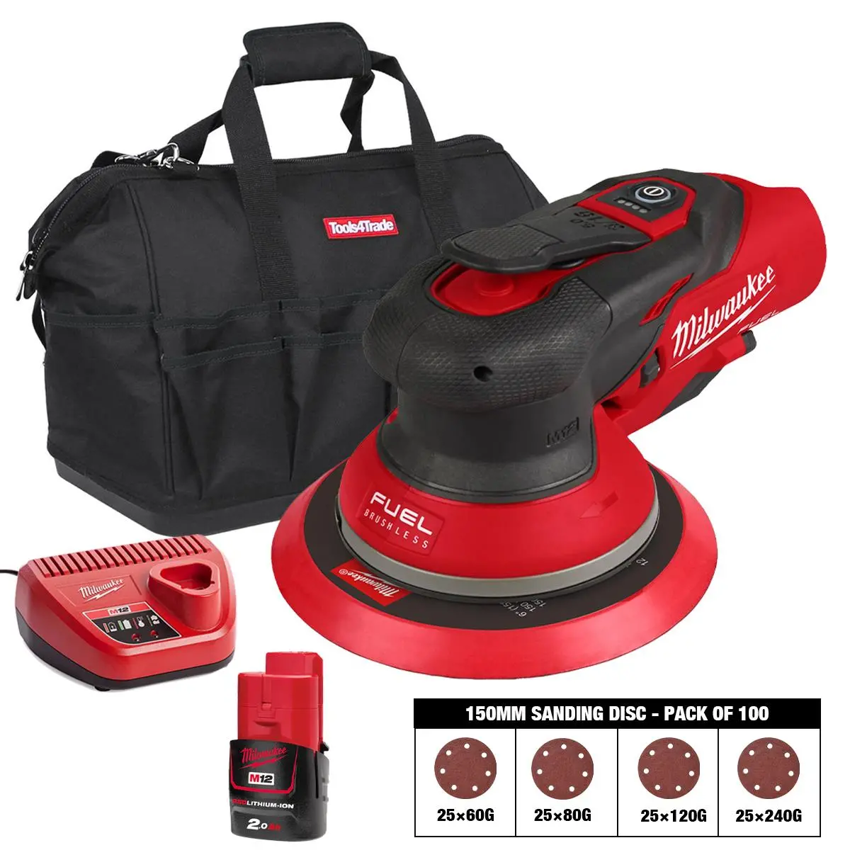 Milwaukee M12fros5-0 12V Fuel Brushless 150Mm Random Orbit Sander With Sanding Disc 60G, 80G, 120G, 240G Pack Of 100 & 1 X 2.0Ah Battery, Charger & Bag 1