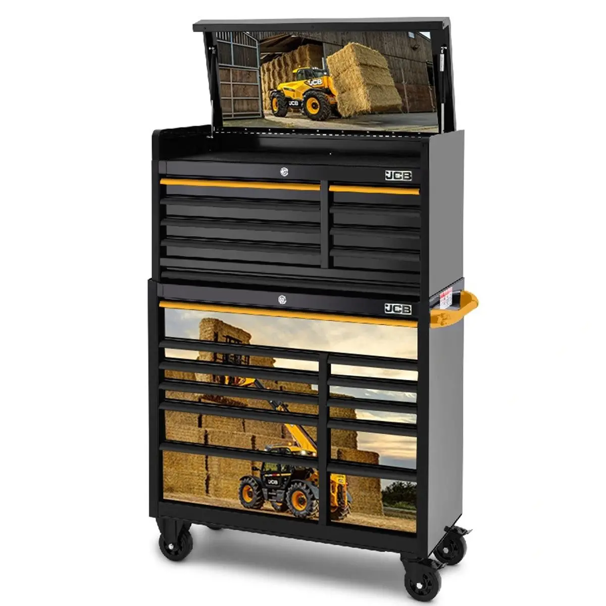 Jcb 42’’ Roller Cabinet And Top Tool Chest Stack 19 Drawer With Telehandler Loader Wrap Jcbtlhstack 1