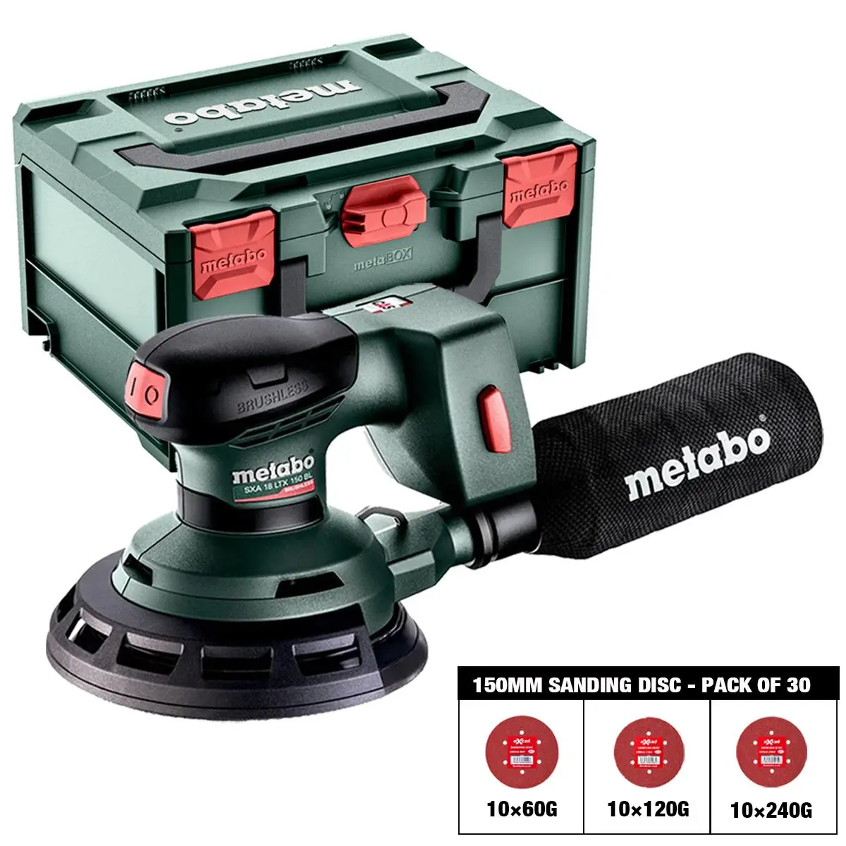Metabo Sxa 18 Ltx 150 Bl 18V Brushless 150Mm Random Orbital Sander With Sanding Disc 60G, 120G, 240G Pack Of 30 1