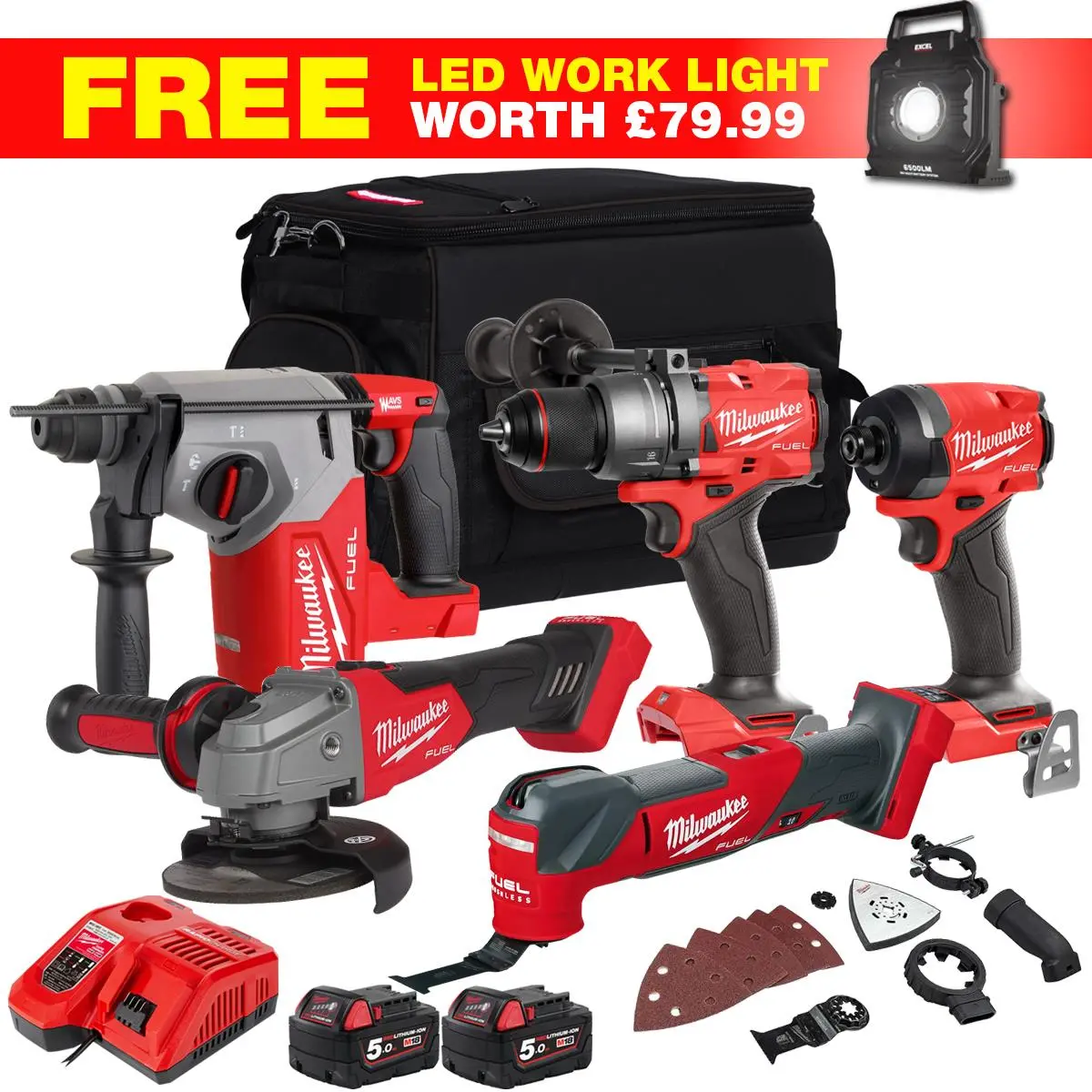 Milwaukee M18fpp4t3-552Bwlf7 18V 6 Piece Brushless Power Tool Kit With 2 X 5.0Ah Batteries & Charger 1