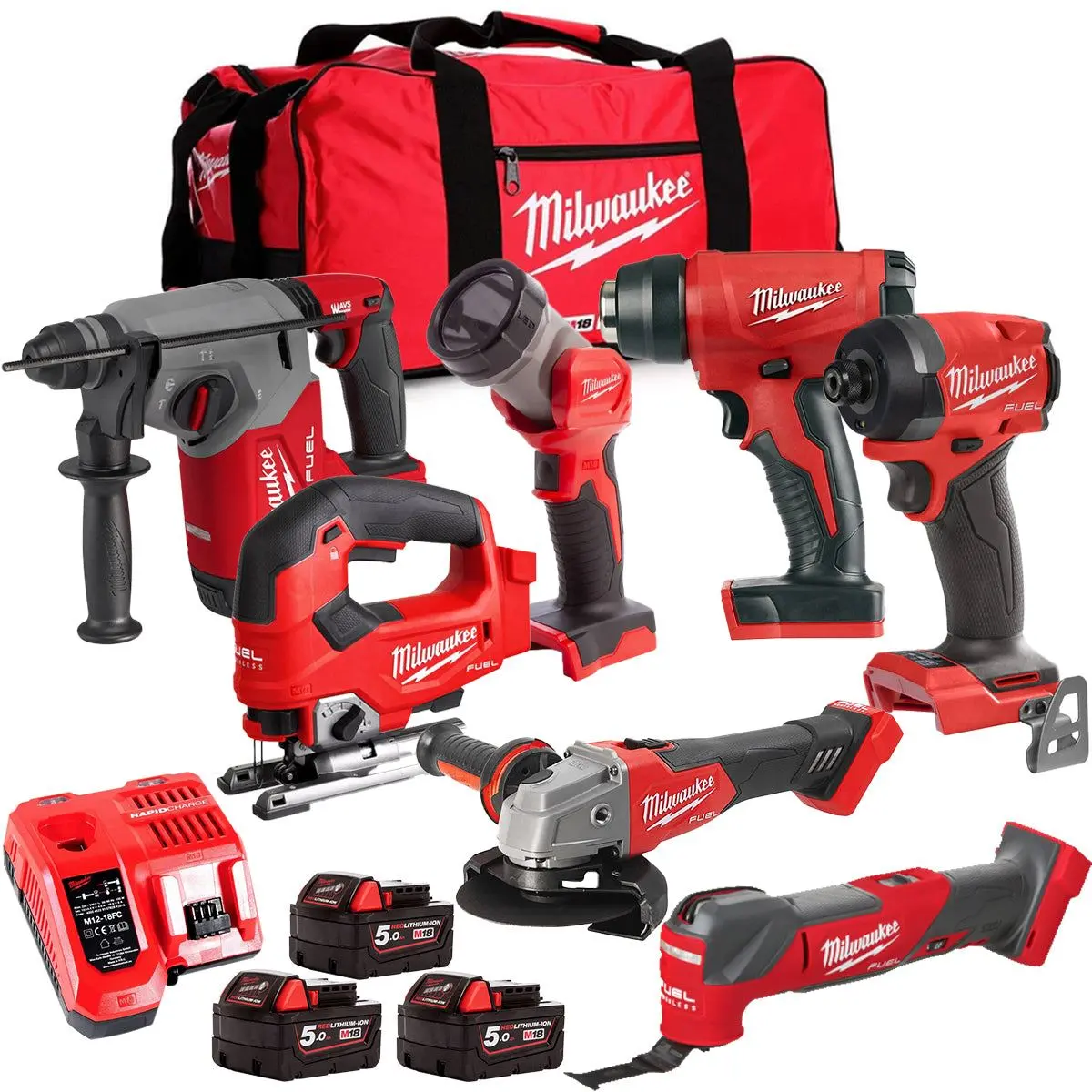 Milwaukee M18fpp6l3-503Bk9 18V Brushless 7 Piece Tool Kit With 3 X 5.0Ah Batteries Charger & Wheeled Bag 1