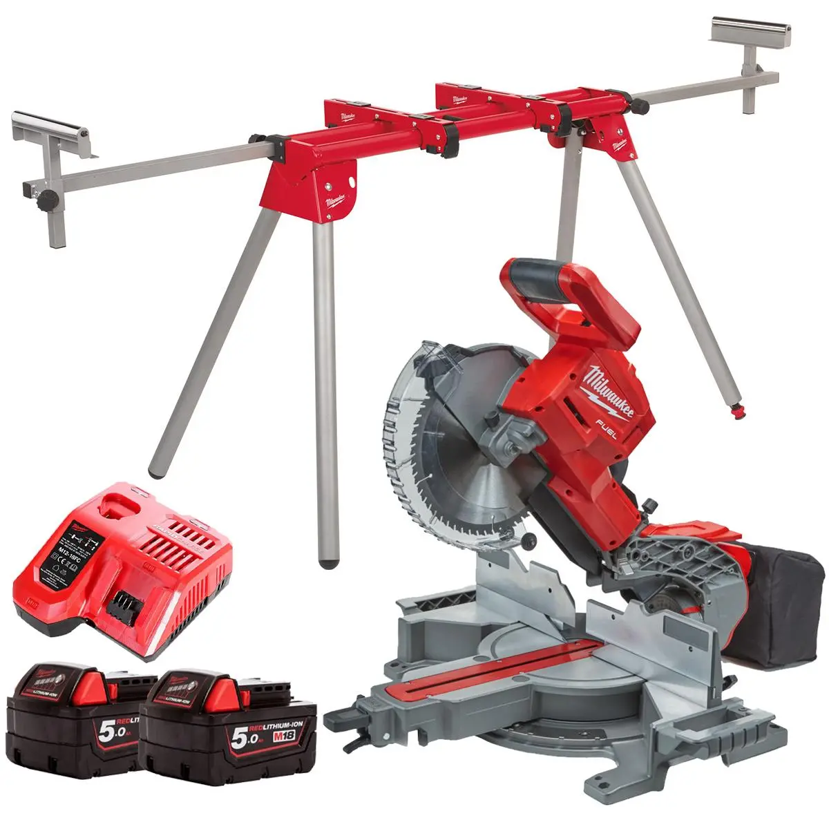 Milwaukee M18fms254-0 18V Fuel Brushless 254Mm Compound Mitre Saw With 2 X 5.0Ah Batteries Charger & Extendable Saw Stand 1