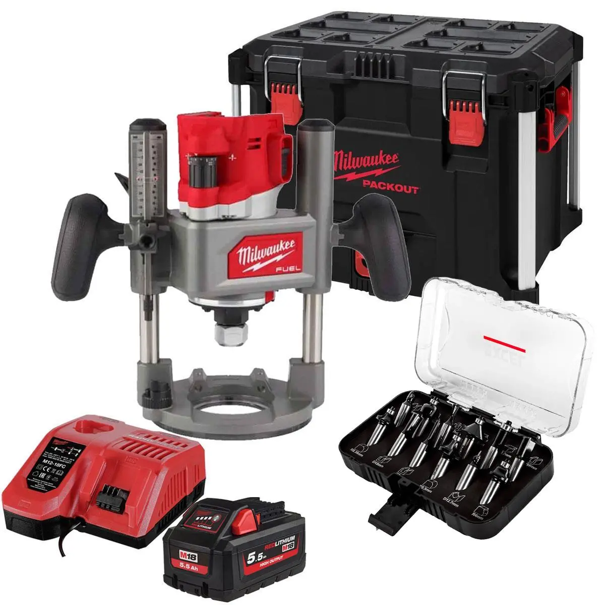 Milwaukee M18fr12kit 18V Fuel Brushless 1/2" Router Cutter With 1 X 5.5Ah Battery Charger Case & 12 Piece Cutter Set 1