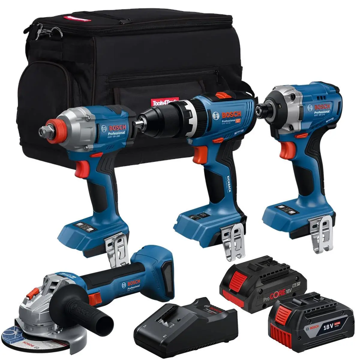 Bosch 18V 4 Piece Brushless Combo Tool Kit With 2 X Batteries & Charger T4tkit-28128 1