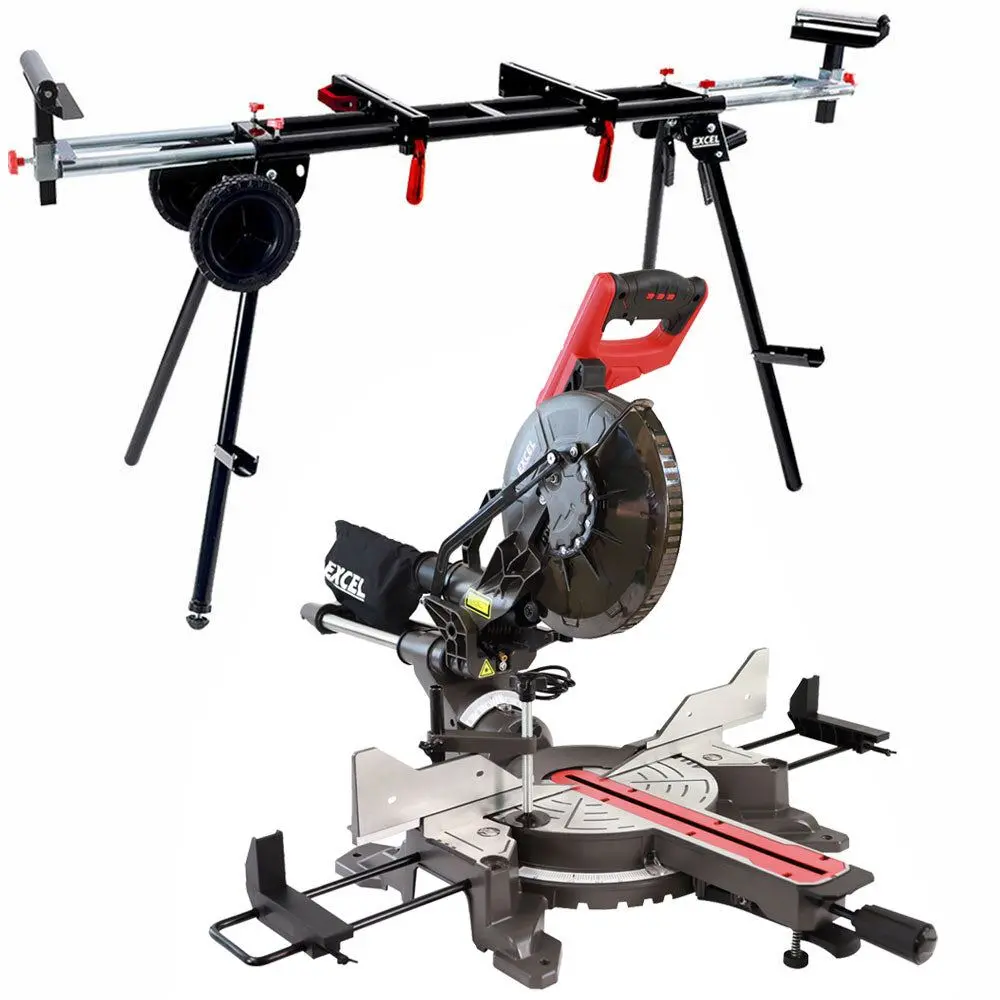 Excel 10" 255Mm Sliding Mitre Saw Double Bevel 2000W/240V With Laser & Universal Wheel Stand 1