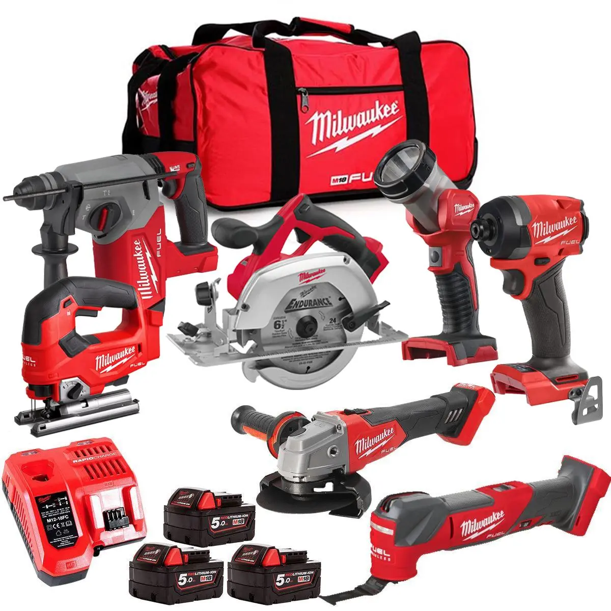 Milwaukee M18fpp6l3-503Bk13 18V Brushless 7 Piece Tool Kit With 3 X 5.0Ah Batteries Charger & Wheeled Bag 1