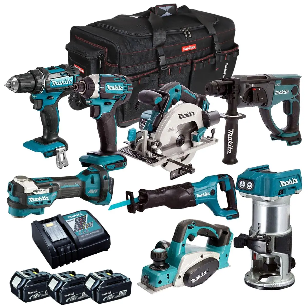 Makita 18V 8 Piece Power Tool Kit With 3 X 5.0Ah Battery Charger & Bag T4tkit-12996 1