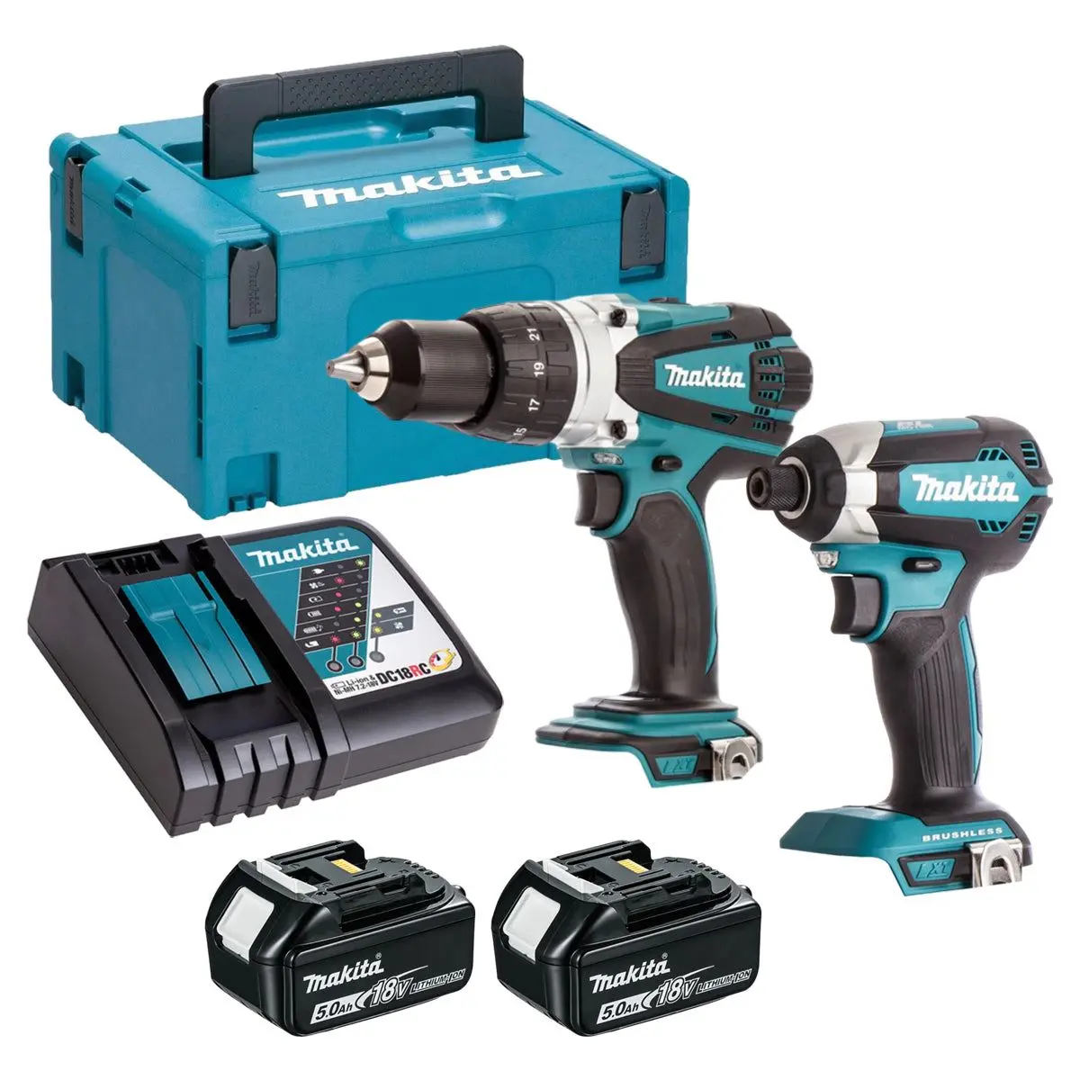 Makita 18V Combi Drill & Impact Driver 2 X 5.0Ah Battery & Charger T4tkit-16441 1