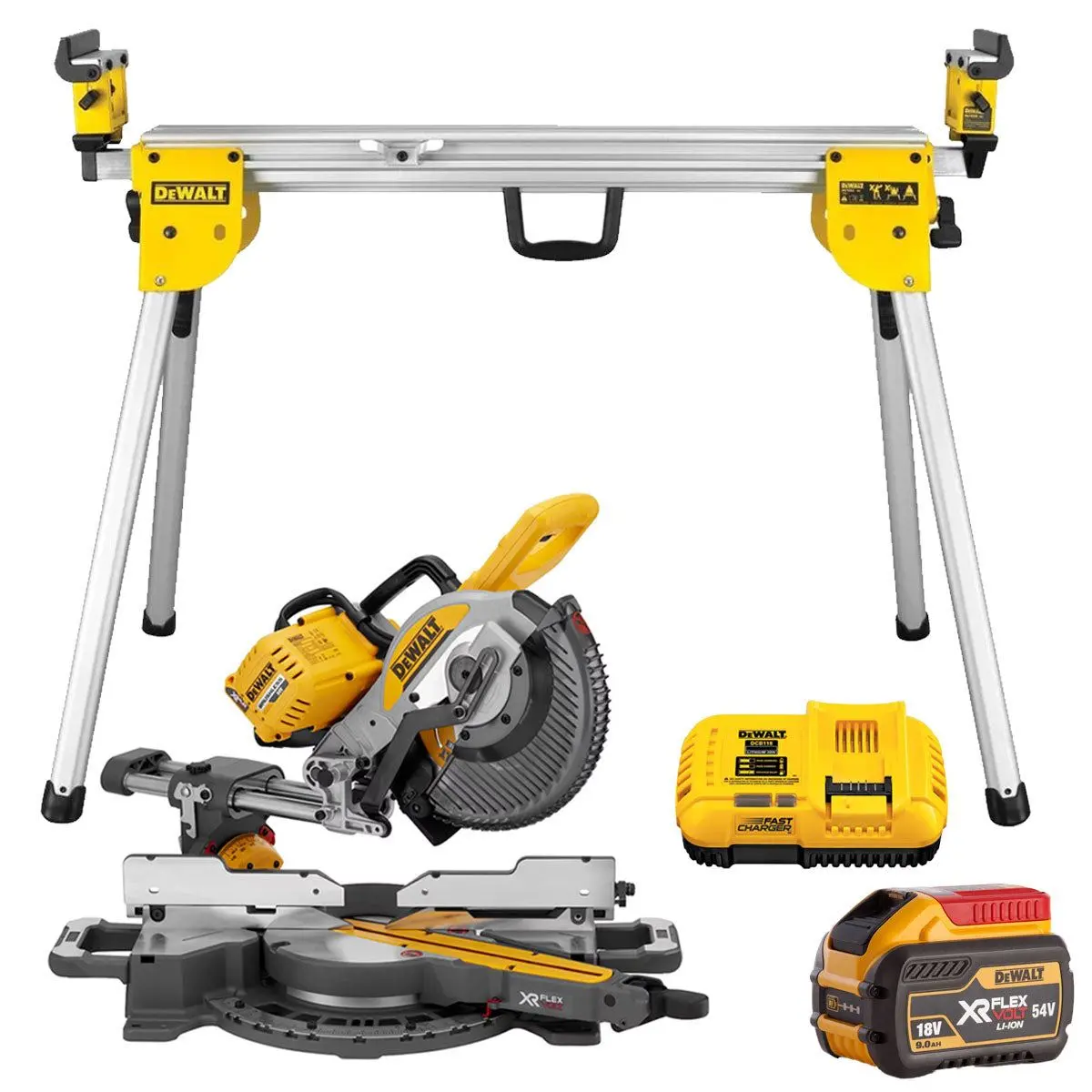 Dewalt Dcs727n 54V Xr Flexvolt Brushless Slide Mitre Saw With 1 X 9.0Ah Battery Charger & Leg Stand 1