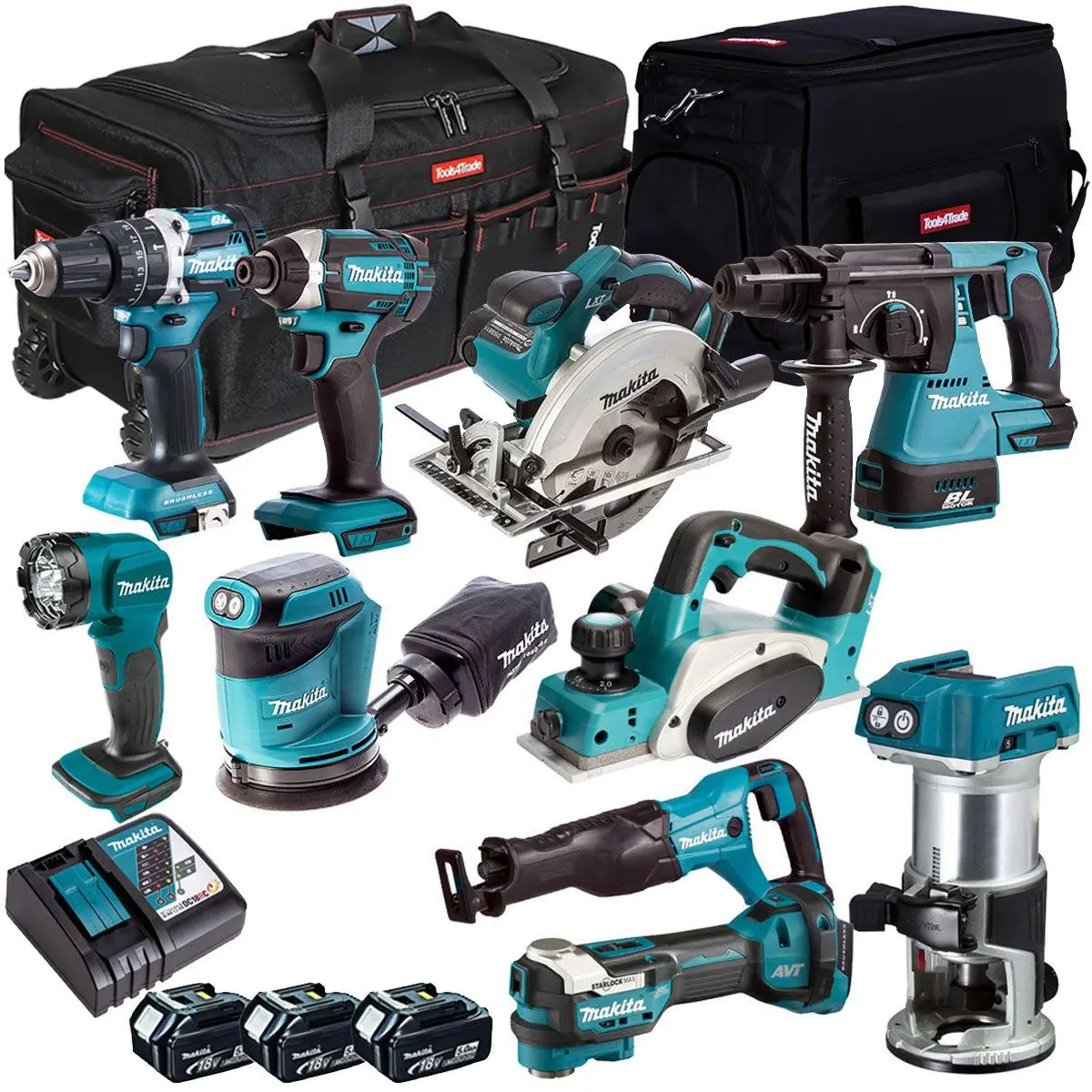 Makita 18V 10 Piece Power Tool Kit With 3 X 5.0Ah Battery & Charger T4tkit-12999 1