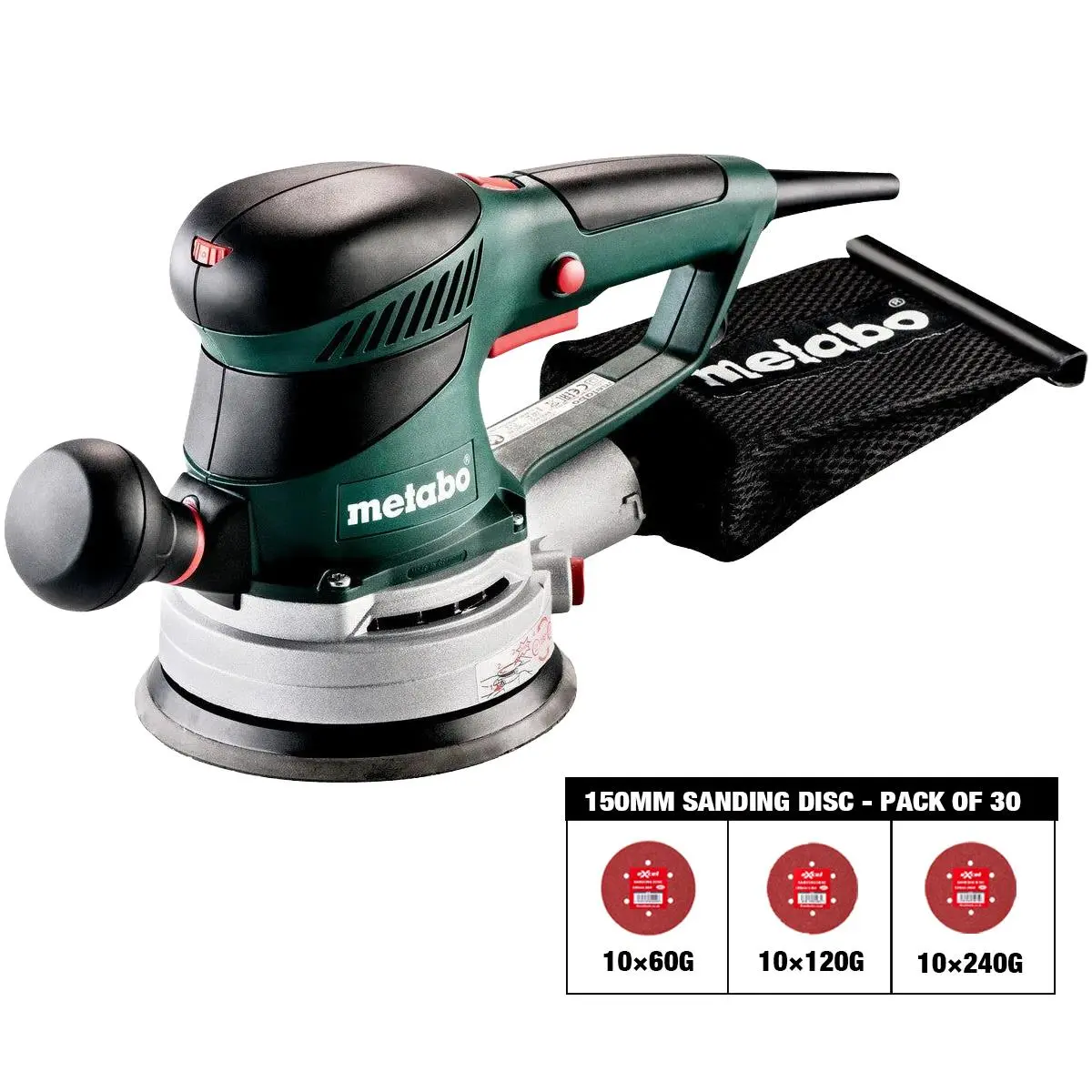 Metabo Sxe 450 Turbotec 150Mm Random Orbital Sander 240V 600129380 With Sanding Disc 60G, 120G, 240G Pack Of 30 1