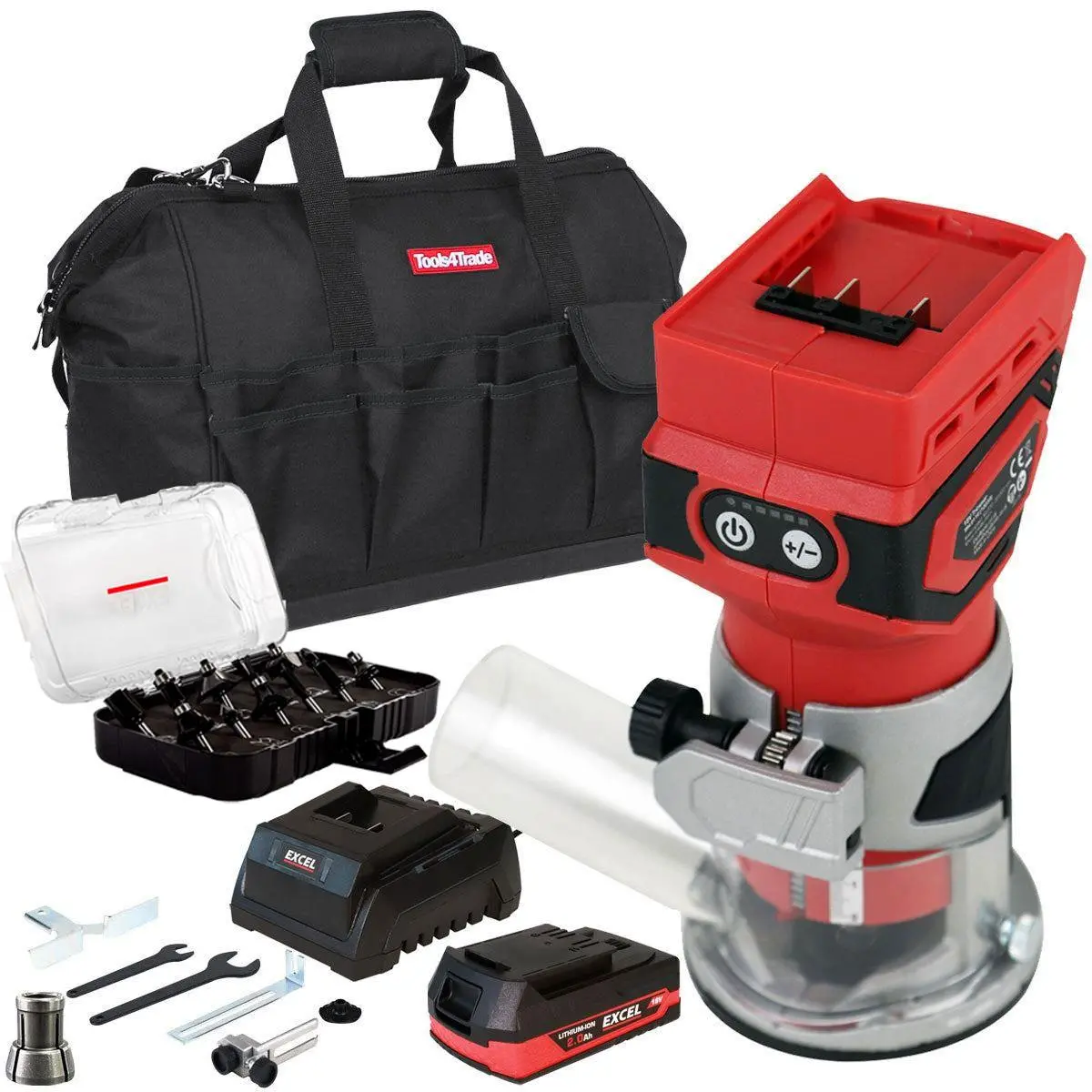 Excel 18V 1/4" Router Trimmer With 1 X 2.0Ah Battery Fast Charger, Bag & 12 Piece Cutter Set 1