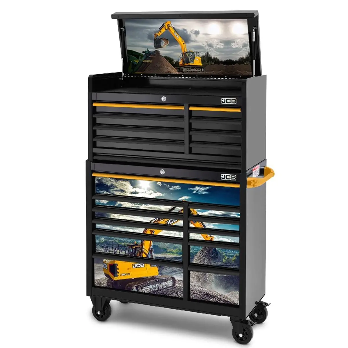 Jcb 42’’ Roller Cabinet And Top Tool Chest Stack 19 Drawer With Excavator Wrap Jcbexcstack 1