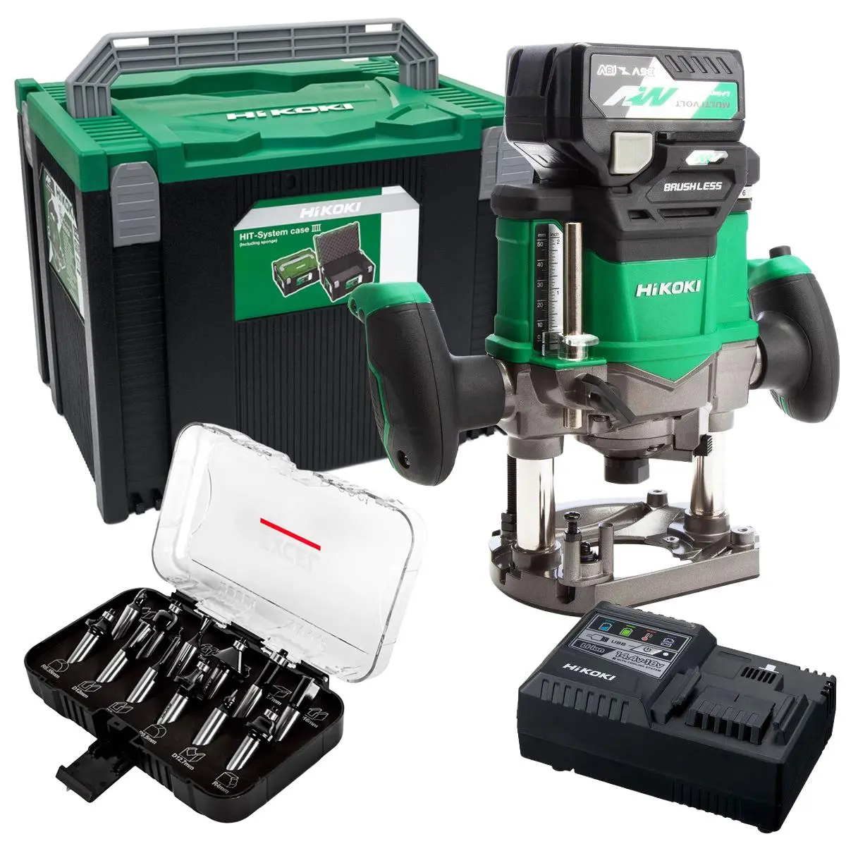 Hikoki M3612dajpz 36V Brushless Router 2.5Ah Battery Charger With 1/2" 12 Piece Cutter Set 1