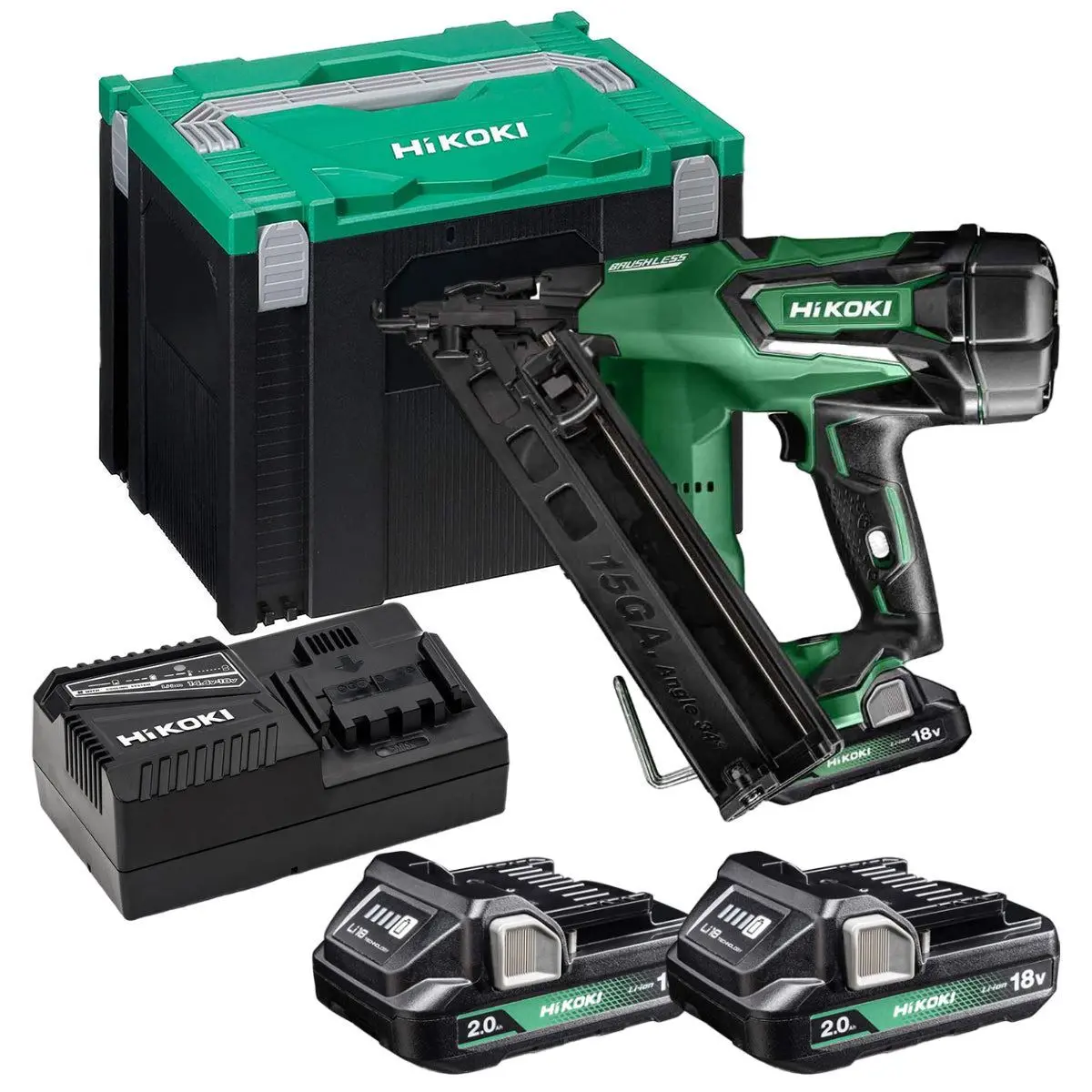 Hikoki Nt1865dmajyz 18V Brushless 15G Angled Finish Nailer With 2 X 2.0Ah Batteries, Charger & Case 1