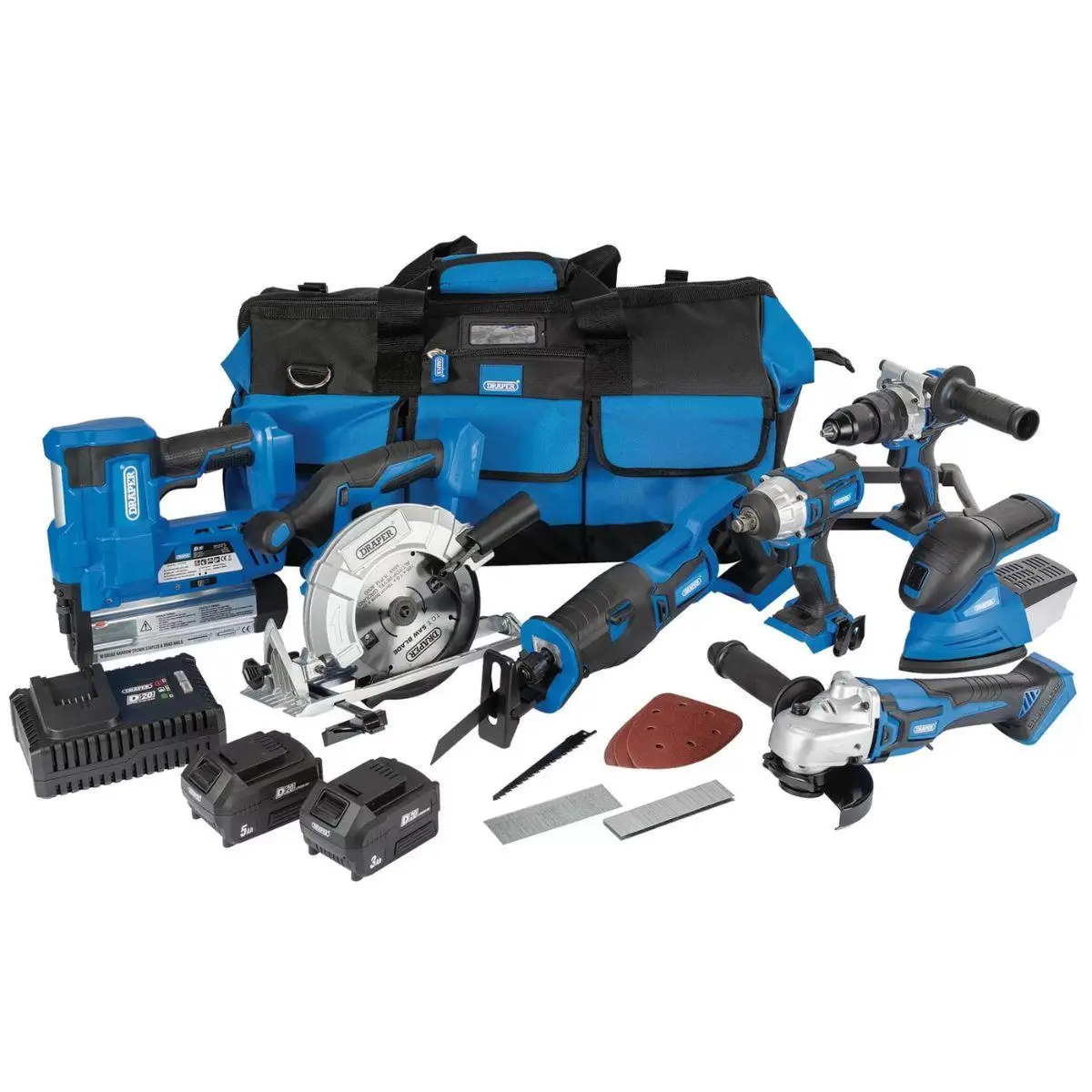 Draper Tools Ptk12/D20 20V Jumbo Kit 7 Piece Power Tools Kit 2 X Batteries & Charger With Tool Bag 1