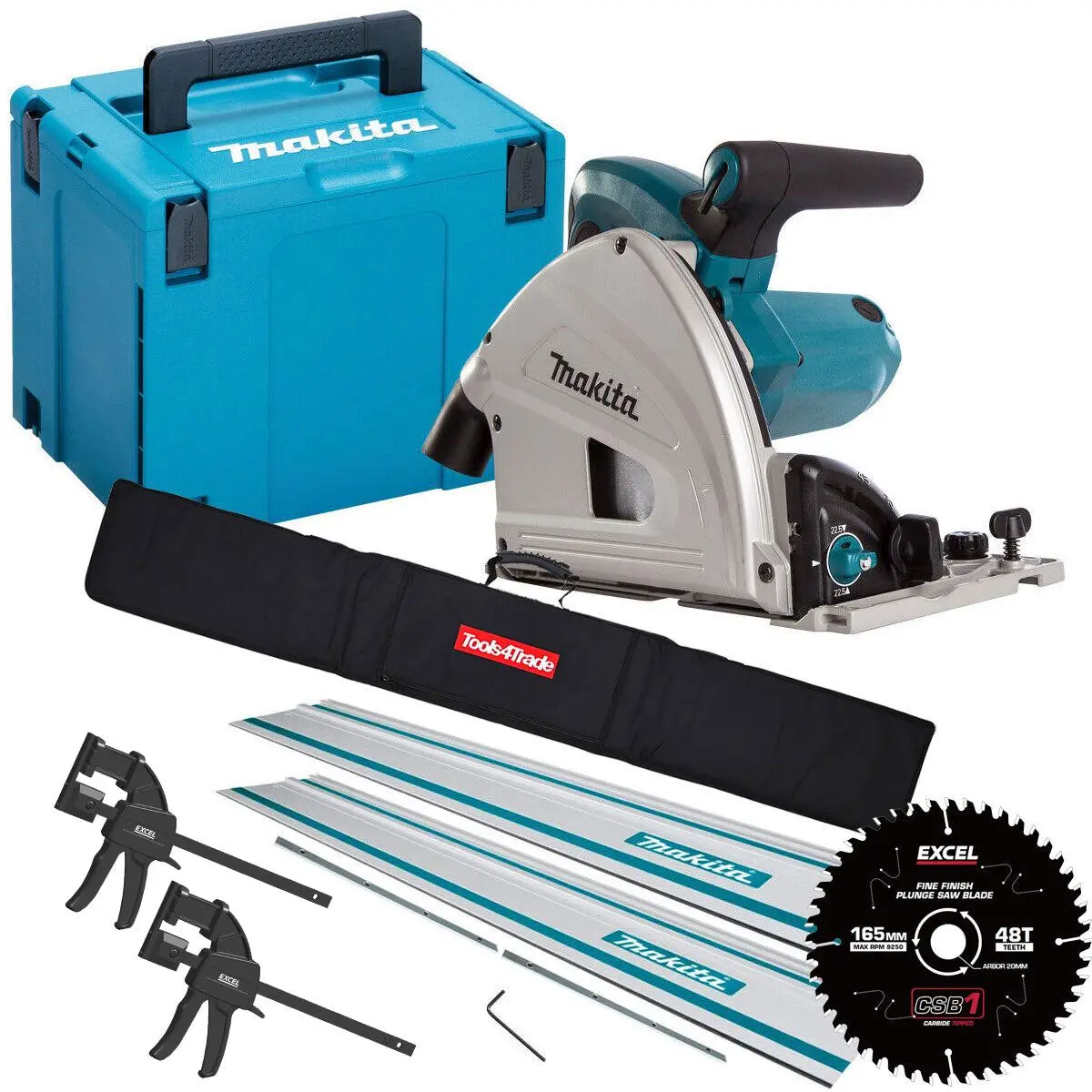 Makita Sp6000j/1 110V 165Mm Plunge Saw In Case + 2 X Guide Rail Connector Bar With Blade & Clamp 1