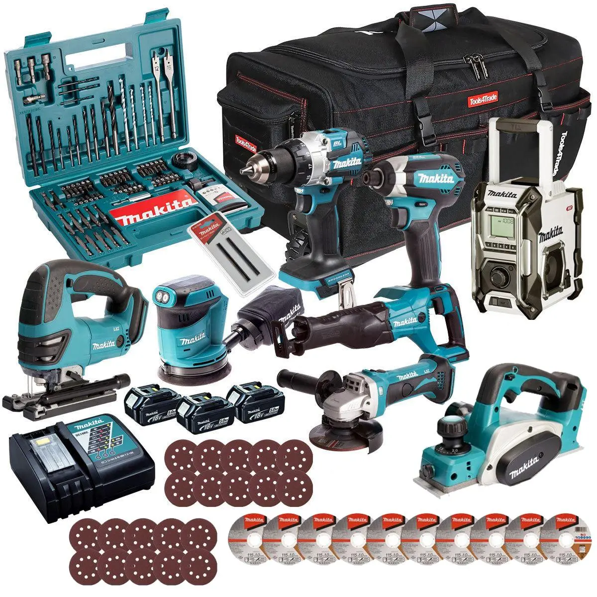 Makita 18V 8 Piece Combo Kit With 3 X 5.0Ah Battery Charger & Accessories Set T4tkit-17230 1