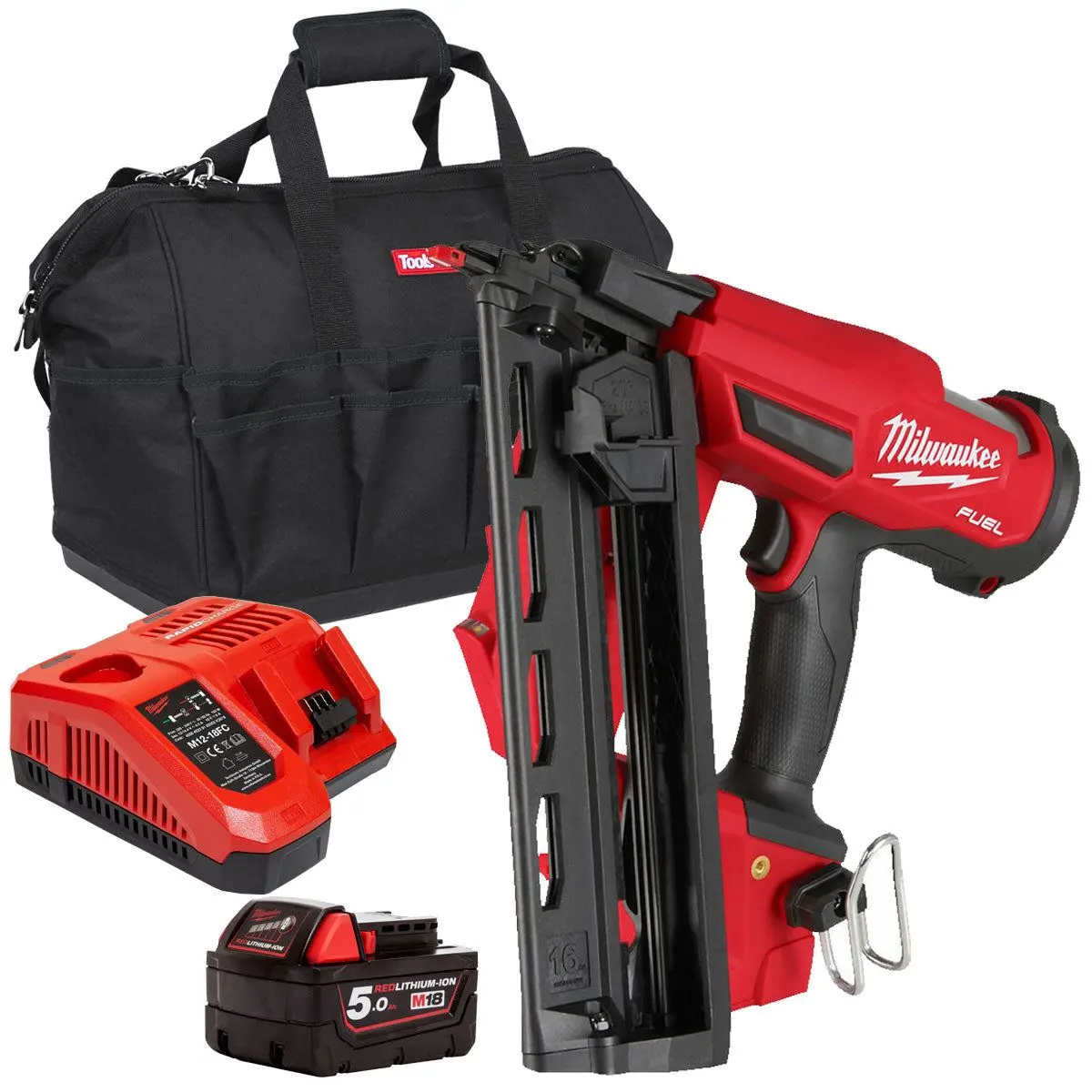 Milwaukee M18fn16ga-0 18V Brushless 16G Angled Finish Nailer With 1 X 5.0Ah Battery Charger & Bag 1
