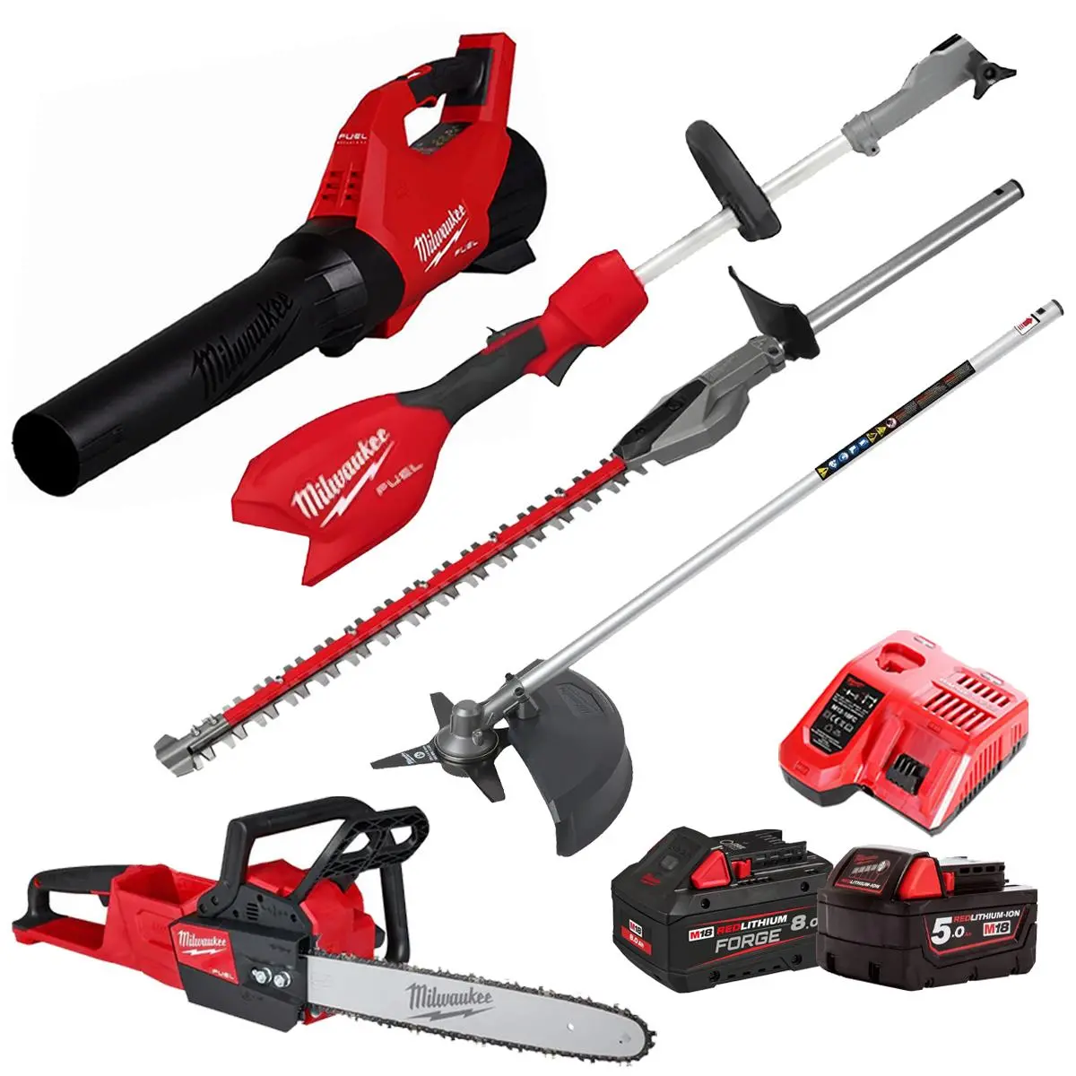 Milwaukee M18 18V 3 Piece Gardening Tool Kit With Hedge Trimmer & Brush Cutter Attachment 2 X Batteries & Charger T4tkit-29521 1
