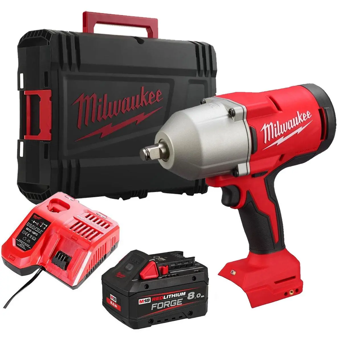 Milwaukee M18blhiwf12-0X 18V Brushless 1/2" High Torque Impact Wrench With 1 X 8.0Ah Battery Charger & Case 1