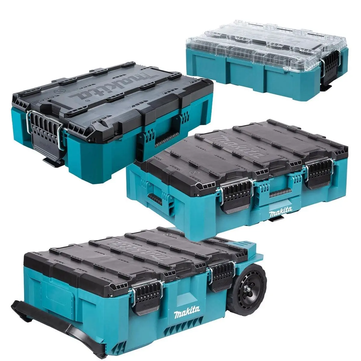 Makita Maktrak 4 Piece Tool Storage Set Modular Rolling Chest, Large & Medium Box, Deep Organiser 1