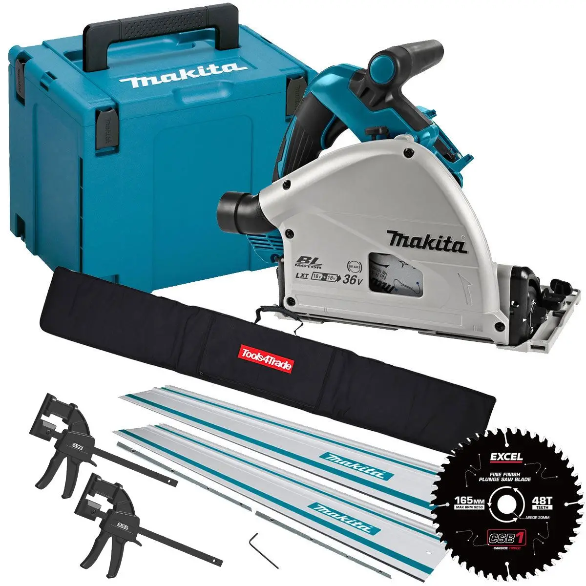 Makita Dsp601zju 36V Brushless Aws Plunge Saw Body Only With 2 X Guide Rail, Connector, Blade & Clamp Set 1