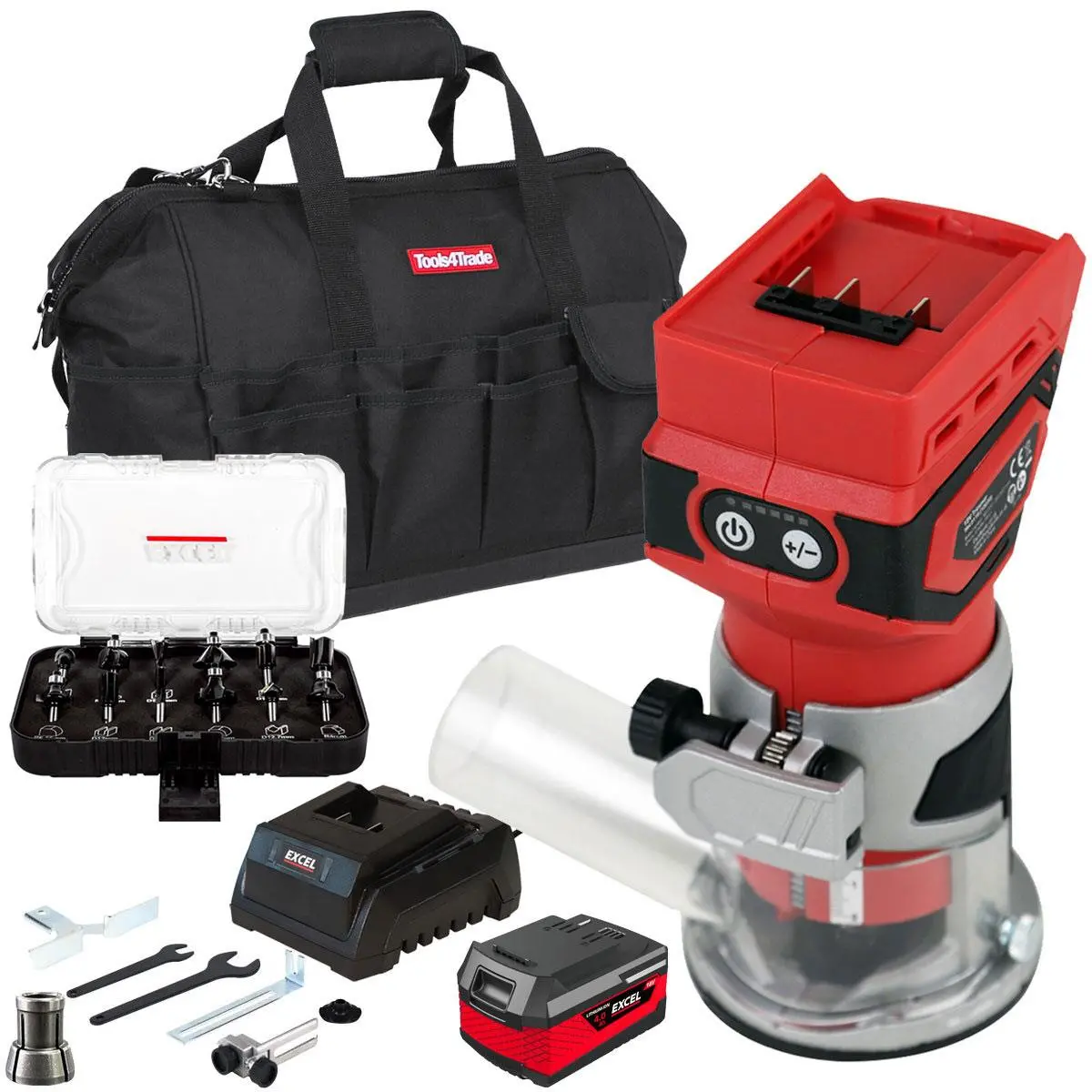 Excel 18V 1/4" Router Trimmer With 1 X 4.0Ah Battery Fast Charger, Bag & 12 Piece Cutter Set 1