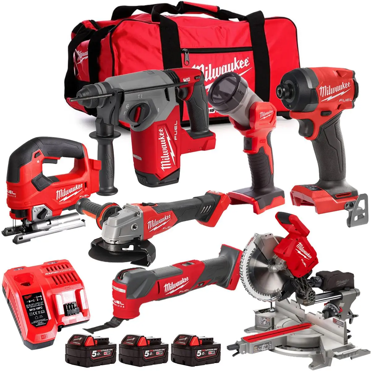 Milwaukee M18fpp6l3-503Bk30 18V Brushless 7 Piece Tool Kit With 3 X 5.0Ah Batteries Charger & Wheeled Bag 1