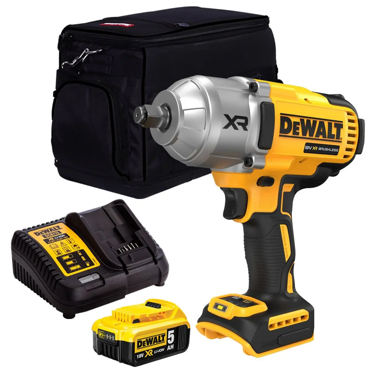 Dewalt Dcf900n 18V Xr Brushless 1/2” High Torque Impact Wrench Hog Ring With 1 X 5.0Ah Battery Charger & 20" Bag 1