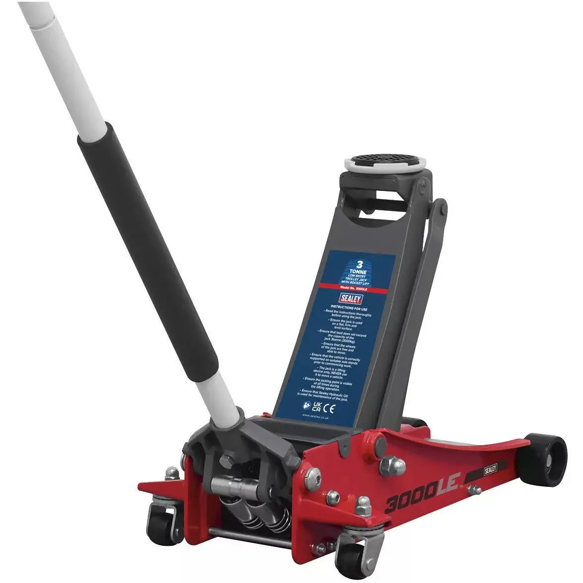 Sealey 3000Le Trolley Jack 3 Tonne Low Entry Rocket Lift Red Mechanics 1