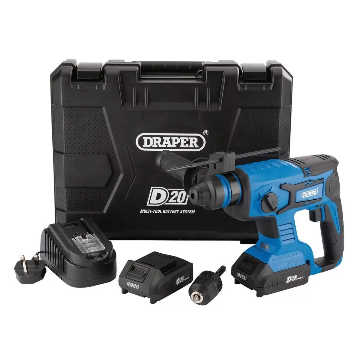 Draper D20sdsd1.7Jset 20V Brushless Sds + Rotary Hammer Drill 2 X 2.0Ah Batteries With Charger 00592 1