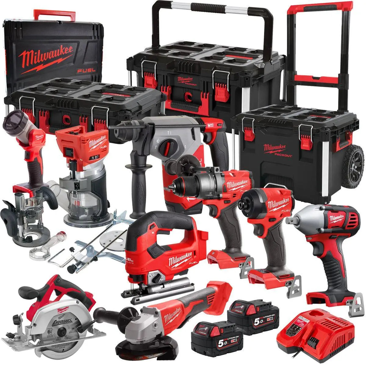 Milwaukee 18V Fuel Brushless 9 Piece Power Tool Kit With 2 X 5.0Ah Battery Charger & Trolley Toolbox 1