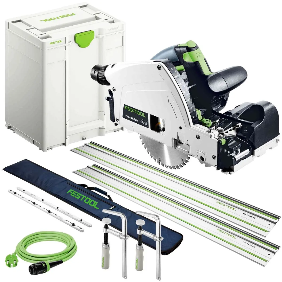 Festool Tsv 60 Kebq-Plus 230V Gb Plunge-Cut Saw - 576733 With 2 X Guide Rail, Connector, Clamp & Bag 1