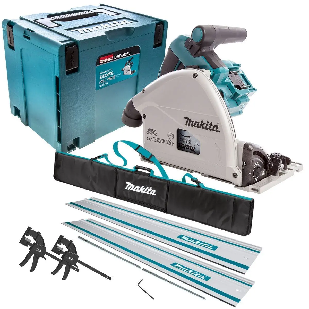 Makita Dsp600zj 36V Brushless Plunge Saw Body Only With 2 X Guide Rail, Clamp, Bag & Case 1