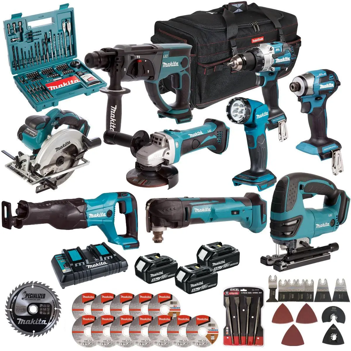 Makita 18V 9 Piece Combo Kit With 3 X 5.0Ah Battery Charger & Accessories Set T4tkit-17229 1