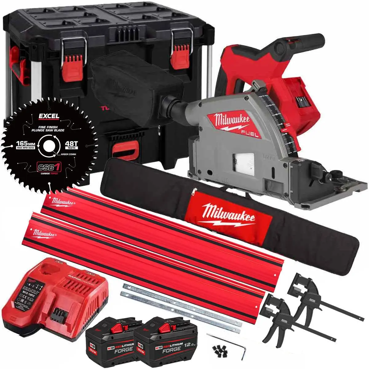 Milwaukee M18fps55-0P 18V 165Mm Fuel Brushless Plunge Saw With 2 X 12.0Ah Battery Blade & Guide Rail Kit 1