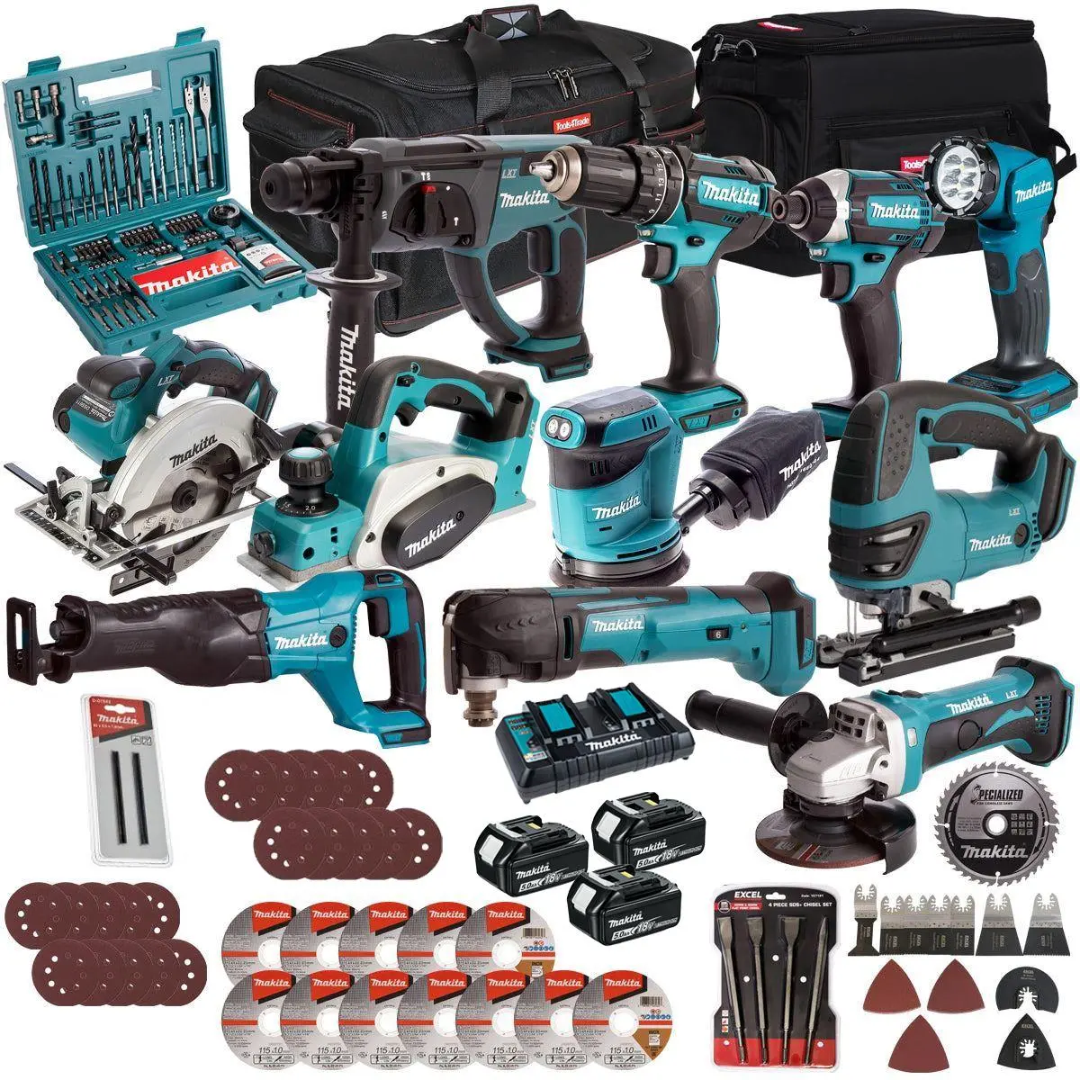 Makita 18V 11 Piece Power Tool Kit With 3 X 5.0Ah Battery Charger & Accessories Set T4tkit-17215 1