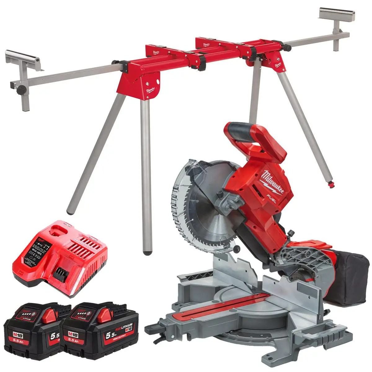 Milwaukee M18fms254-0 18V Fuel Brushless 254Mm Compound Mitre Saw With 2 X 5.5Ah Batteries Charger & Extendable Saw Stand 1