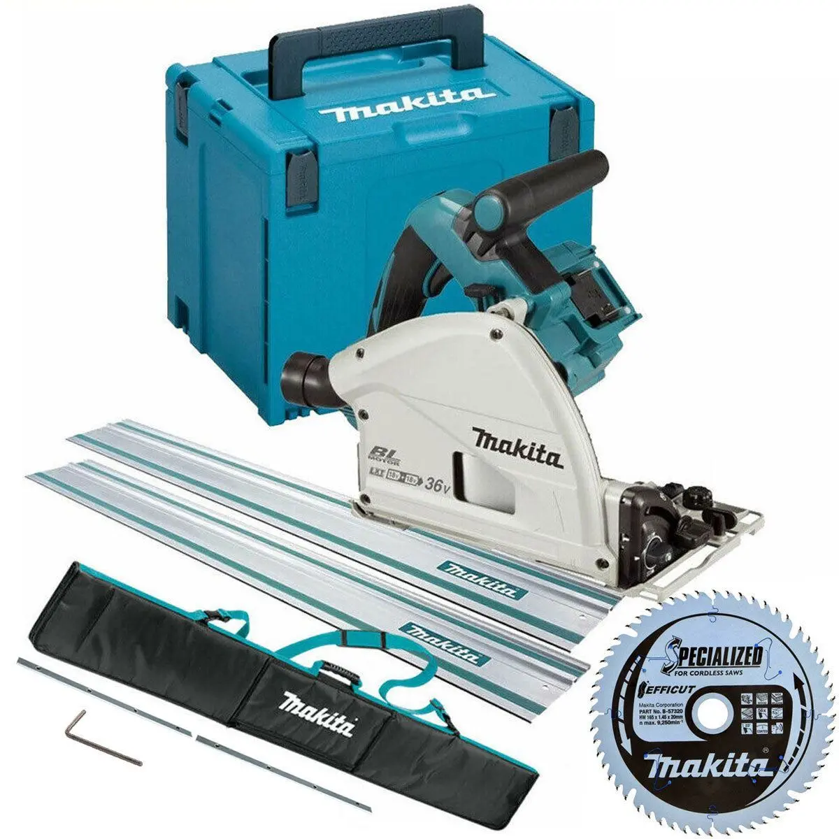 Makita Dsp600zj 36V Brushless 165Mm Plunge Saw Body Only With 2 X 1.5M Guide Rail Case+Bag+Blade 1