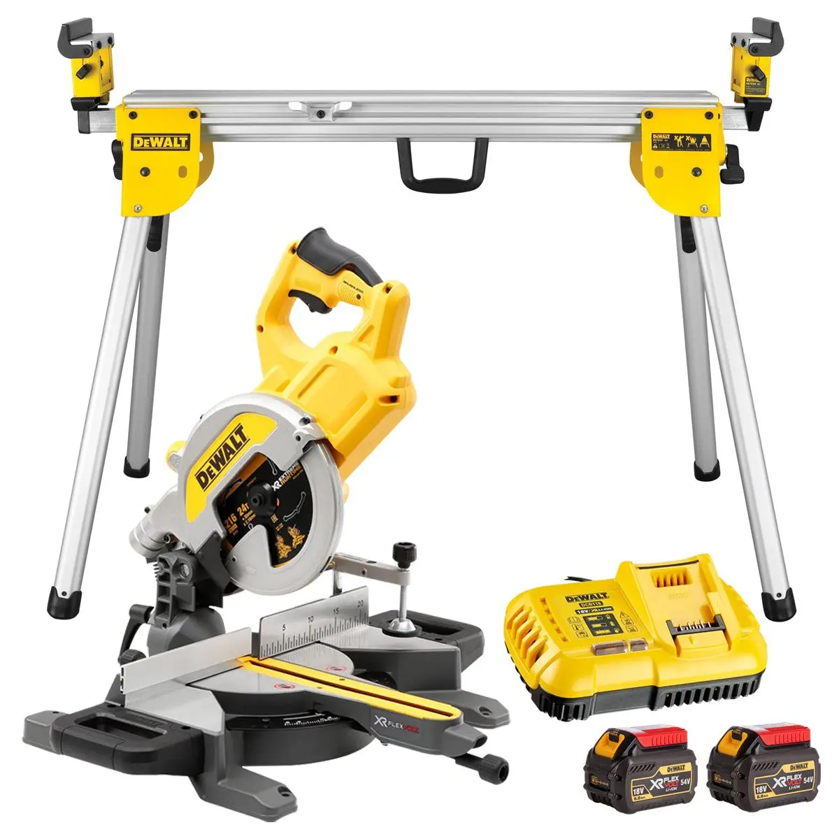 Dewalt Dcs777n 54V Xr Flexvolt Brushless 216Mm Mitre Saw With 2 X 6.0Ah Battery Charger & Leg Stand 1