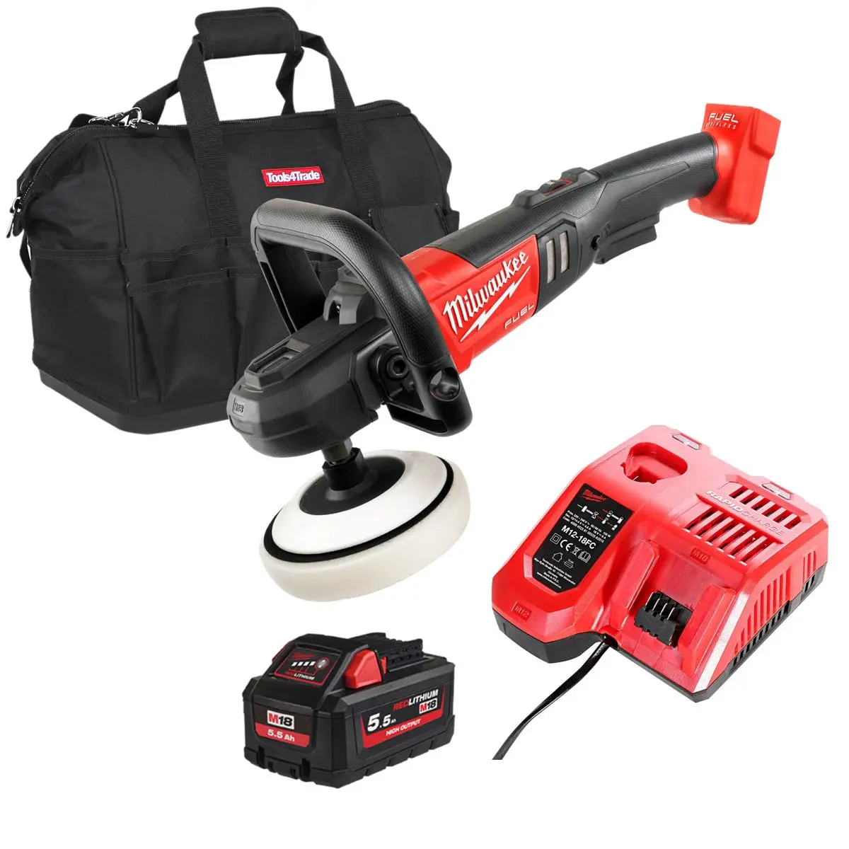 Milwaukee M18fap180-0 18V 180Mm Fuel Brushless Polisher With 1 X 5.5Ah Battery Charger & Bag 1
